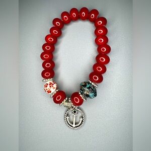 Red Beaded Bracelet with Anchor Charm